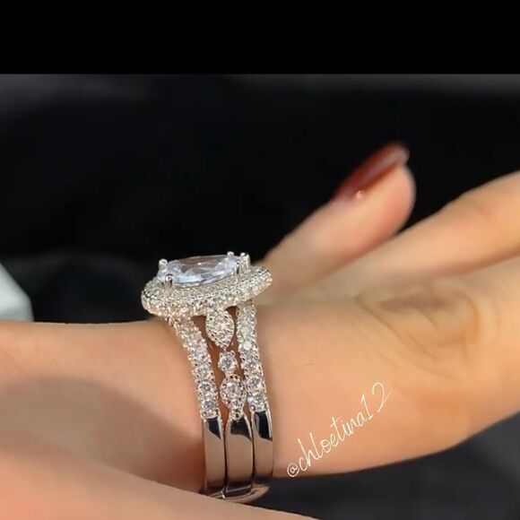 3 Ct Halo Pear Shape Wedding Engagement Band Enhancer Ring Set Sterling Silver - Picture 2 of 9